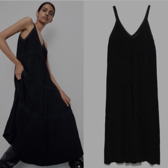 Zara‎ Black Lace Trim Tiered Pleated Knit Maxi Dress Size Medium NWT - Picture 3 of 13